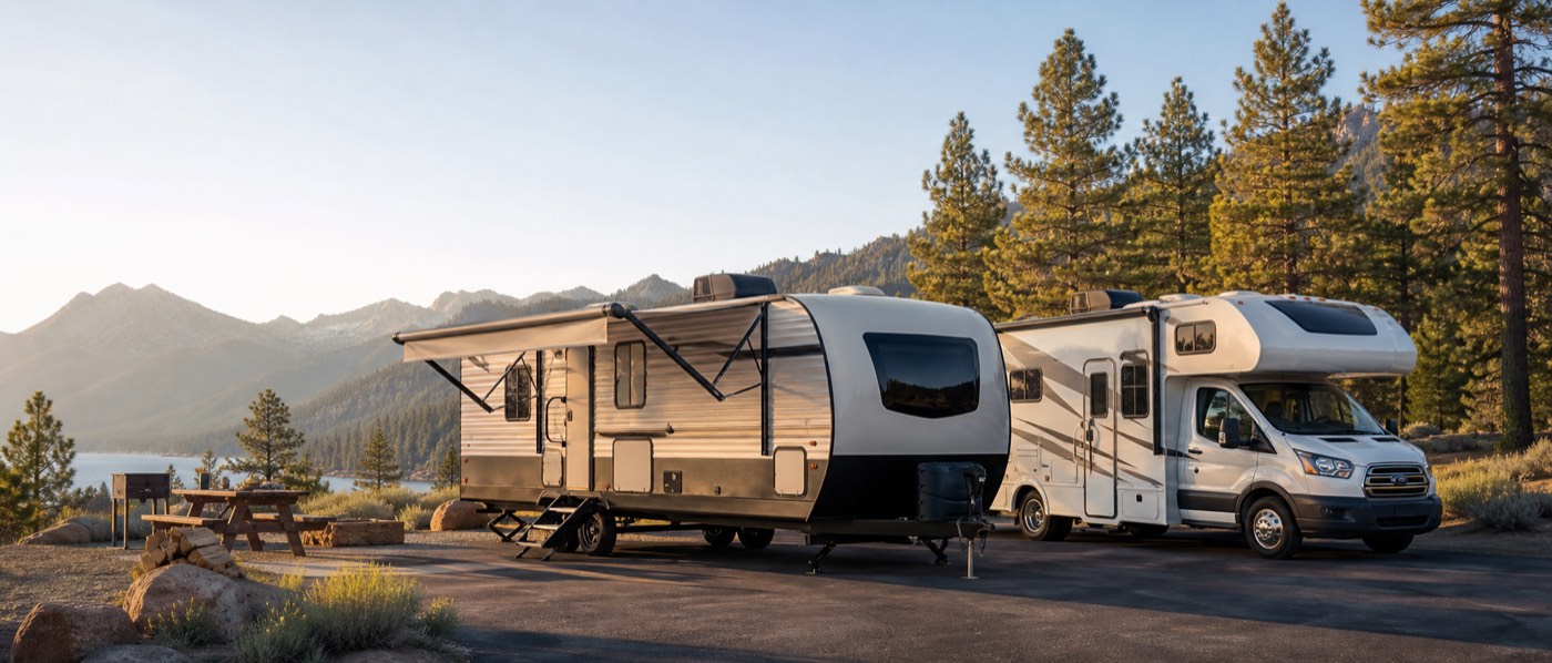 Modern RVs at a mountain campsite